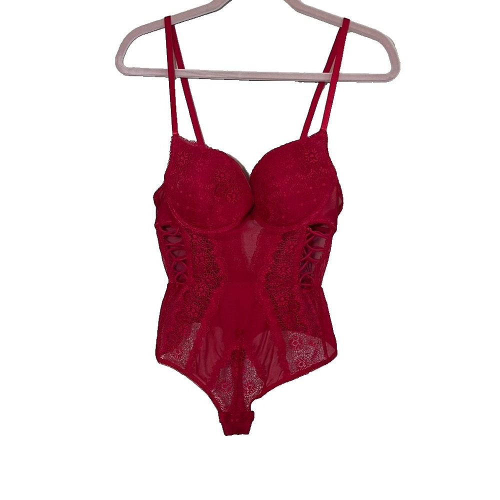 Retro Red Floral Lace Teddy Bodysuit Lingerie M Underwire Semi Sheer Romantic